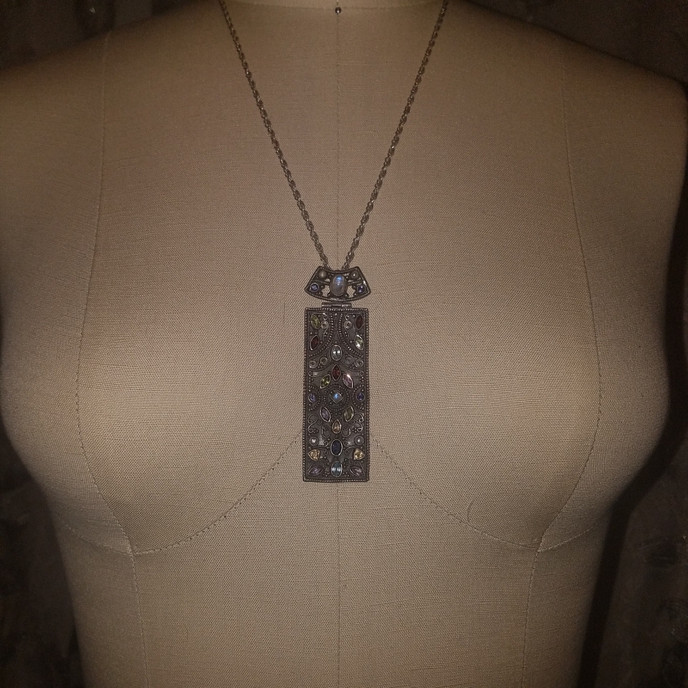 Intricate Multi Gemstone and Sterling Silver Pendant Necklace